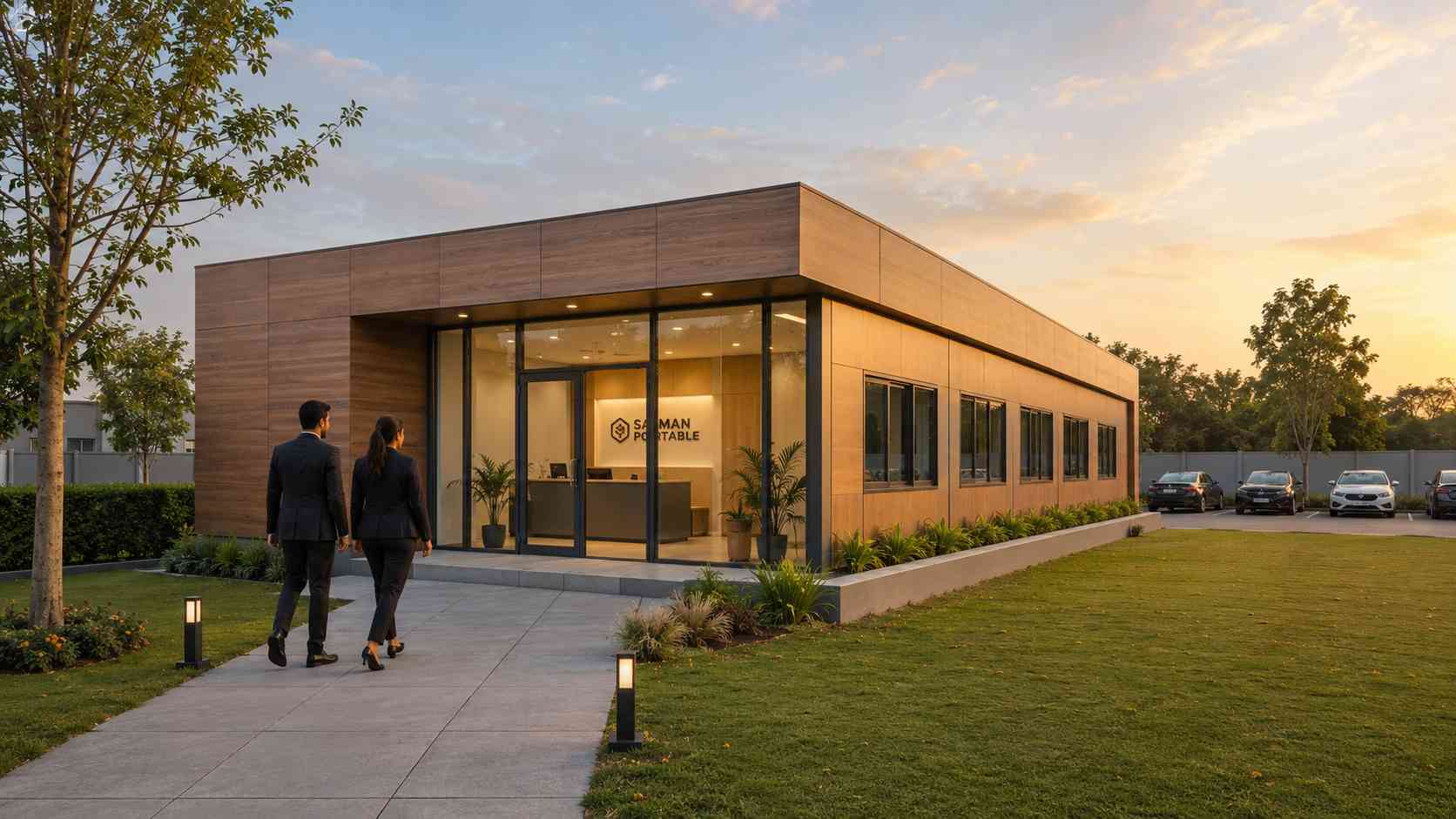 A completed and operational modular office cabin at an Indian commercial premises with reception entrance, parking area, landscaped grounds, and golden-hour lighting.