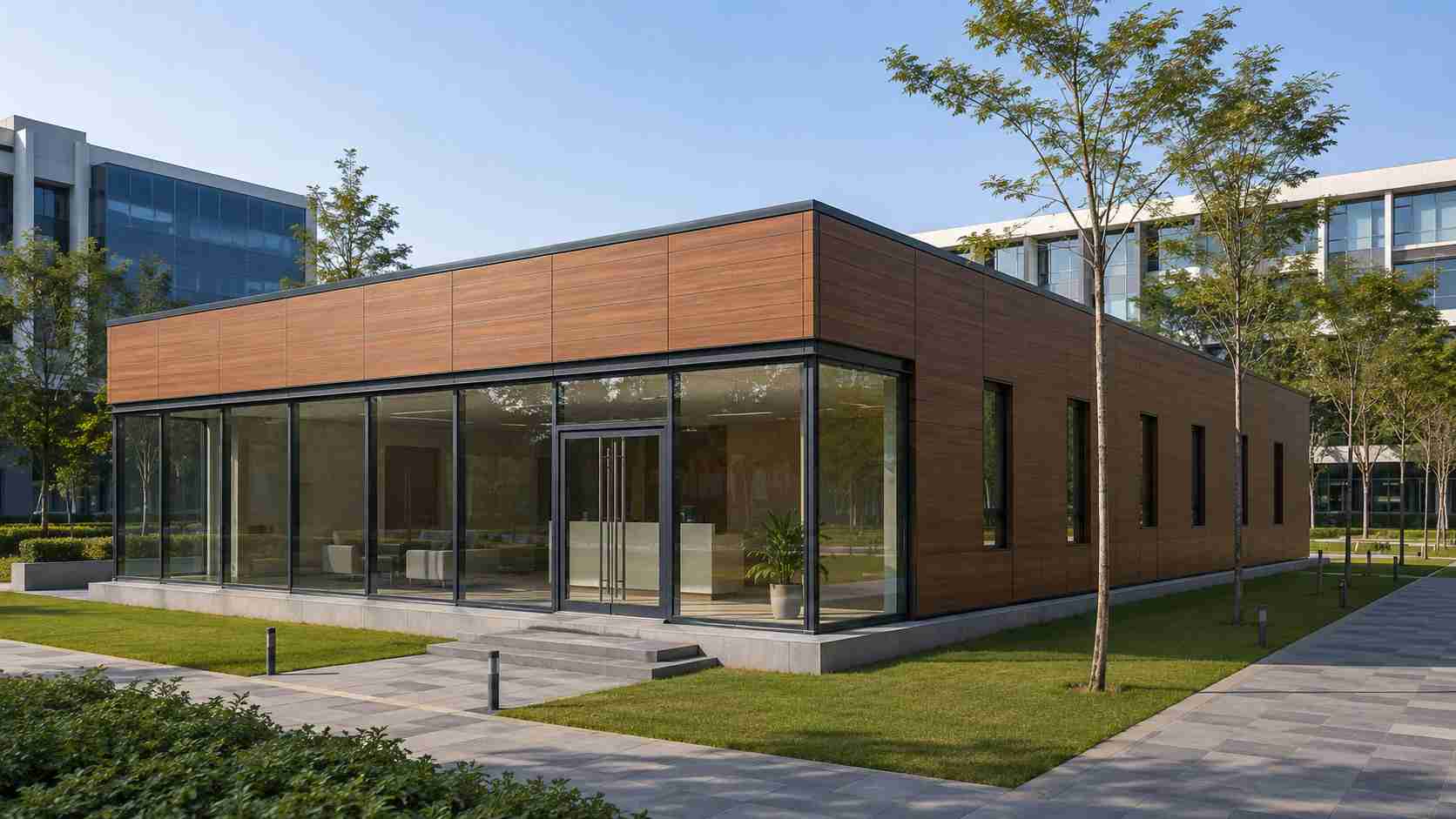 A 2,000 sq ft modular office cabin installed at a Bangalore tech-park business compound, showing the 50×40 ft footprint with wood-clad and glass facade.