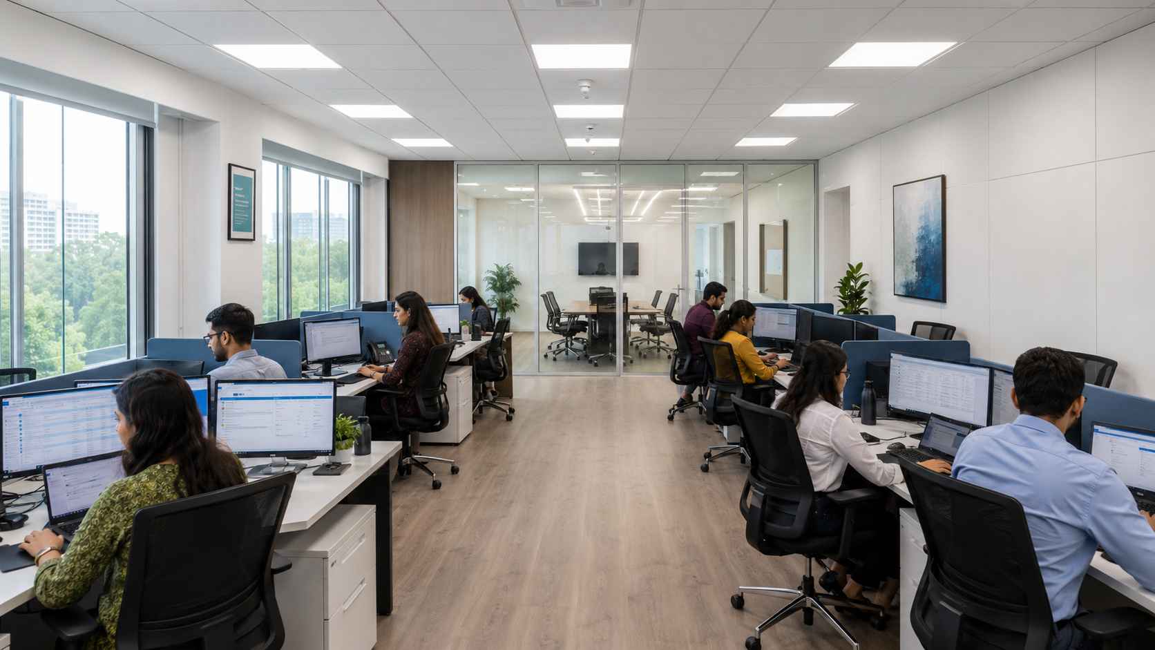 Interior of a modular office cabin's 24×30 ft open work bay with 20 workstations, false-ceiling LED grid, and a glass partition to the conference room visible at the far end.