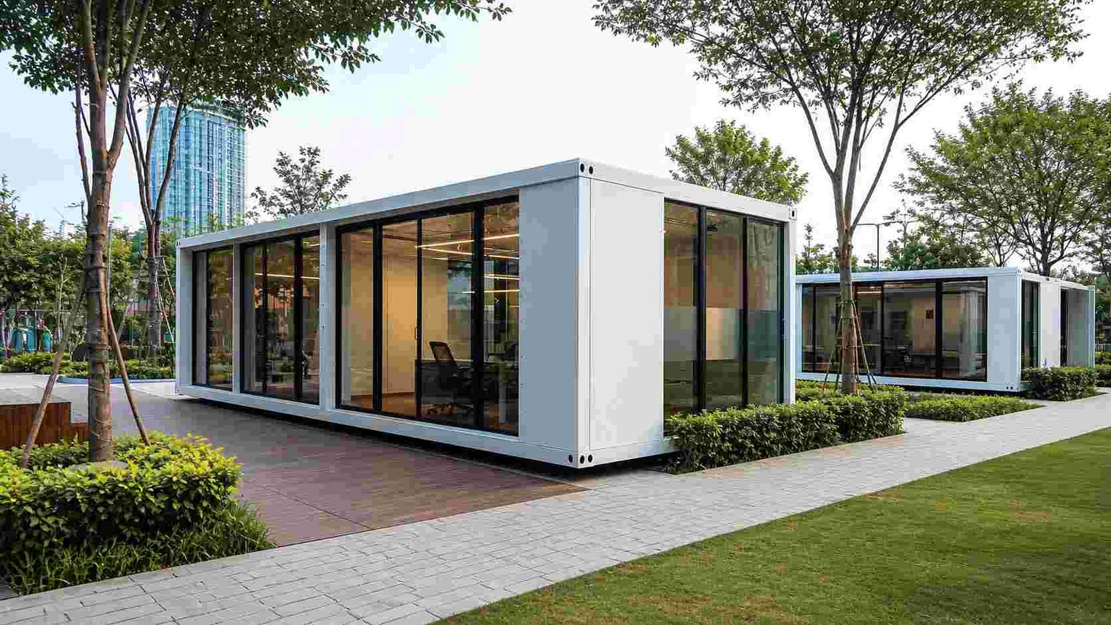 Two modular portable cabin units connected side by side — expandable cabin system after expansion, SAMAN Portable