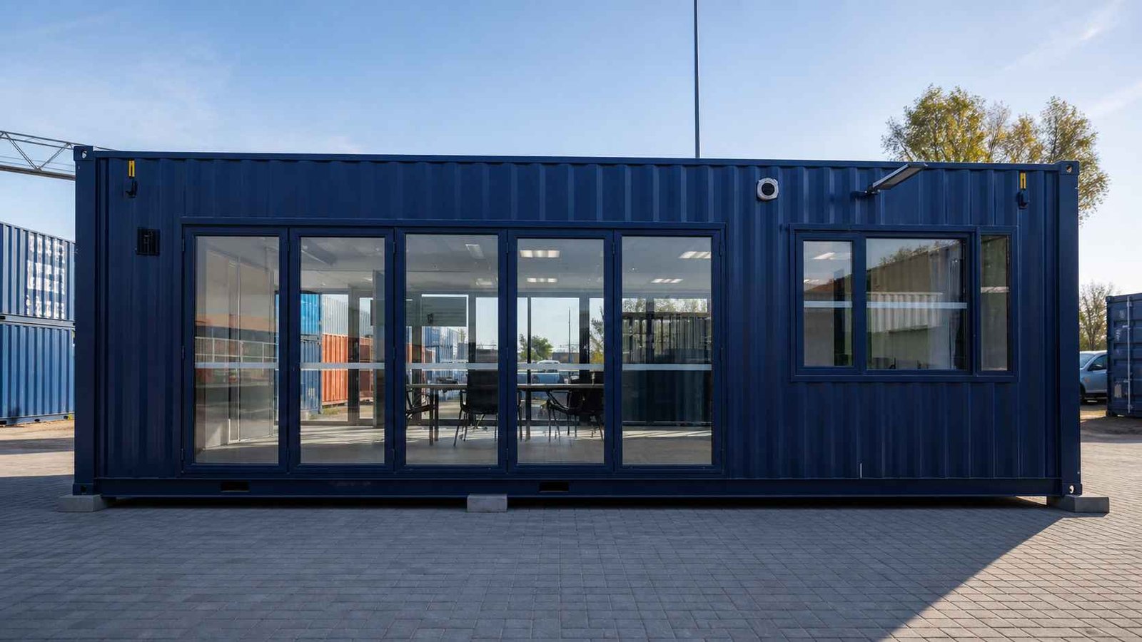 Office portable cabin interior with meeting table — site manager workspace setup
