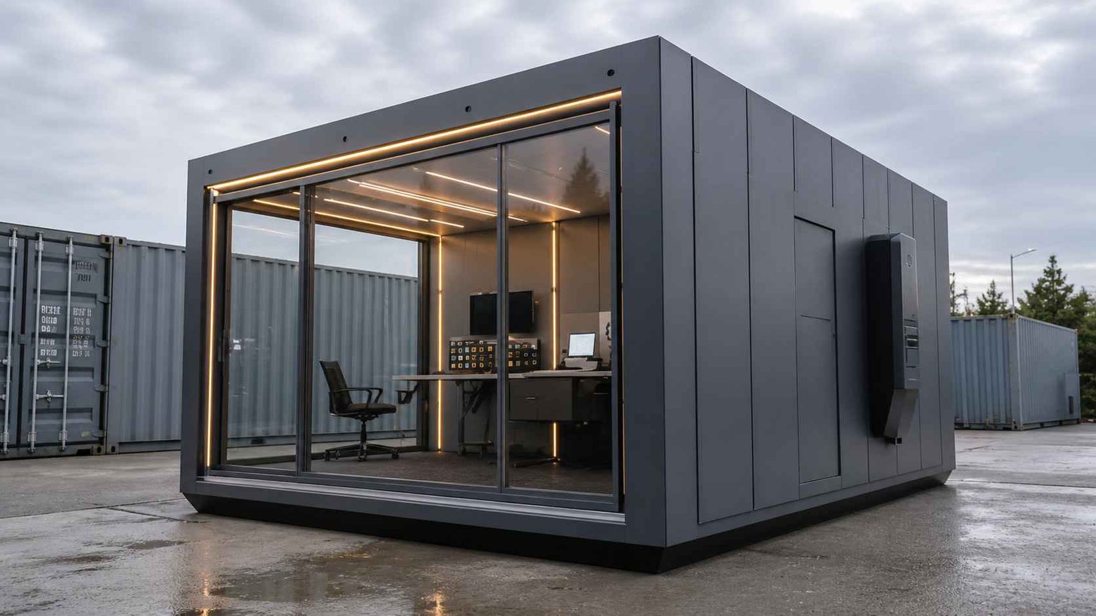 Modular portable cabin base unit with LED strip lighting and glass sliding door — standalone unit India, SAMAN Portable