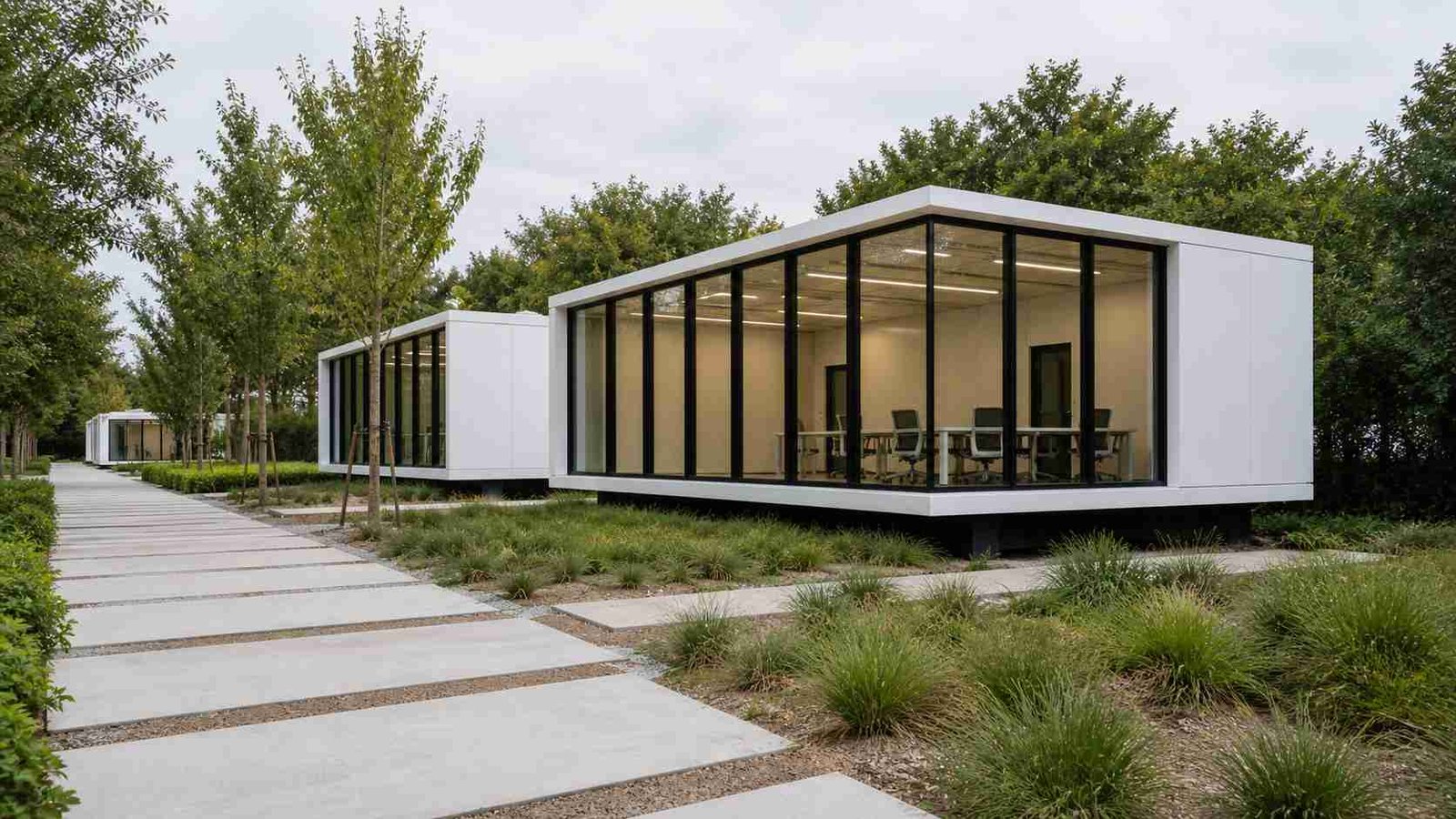 Multiple modular portable cabin units deployed in sequence across a landscaped campus — phased expansion system, SAMAN