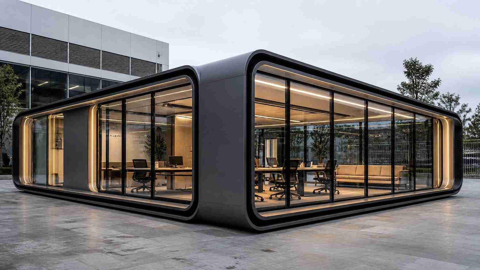 Large modular portable cabin with full-glass walls and open interior — custom size expandable portable cabin, SAMAN India