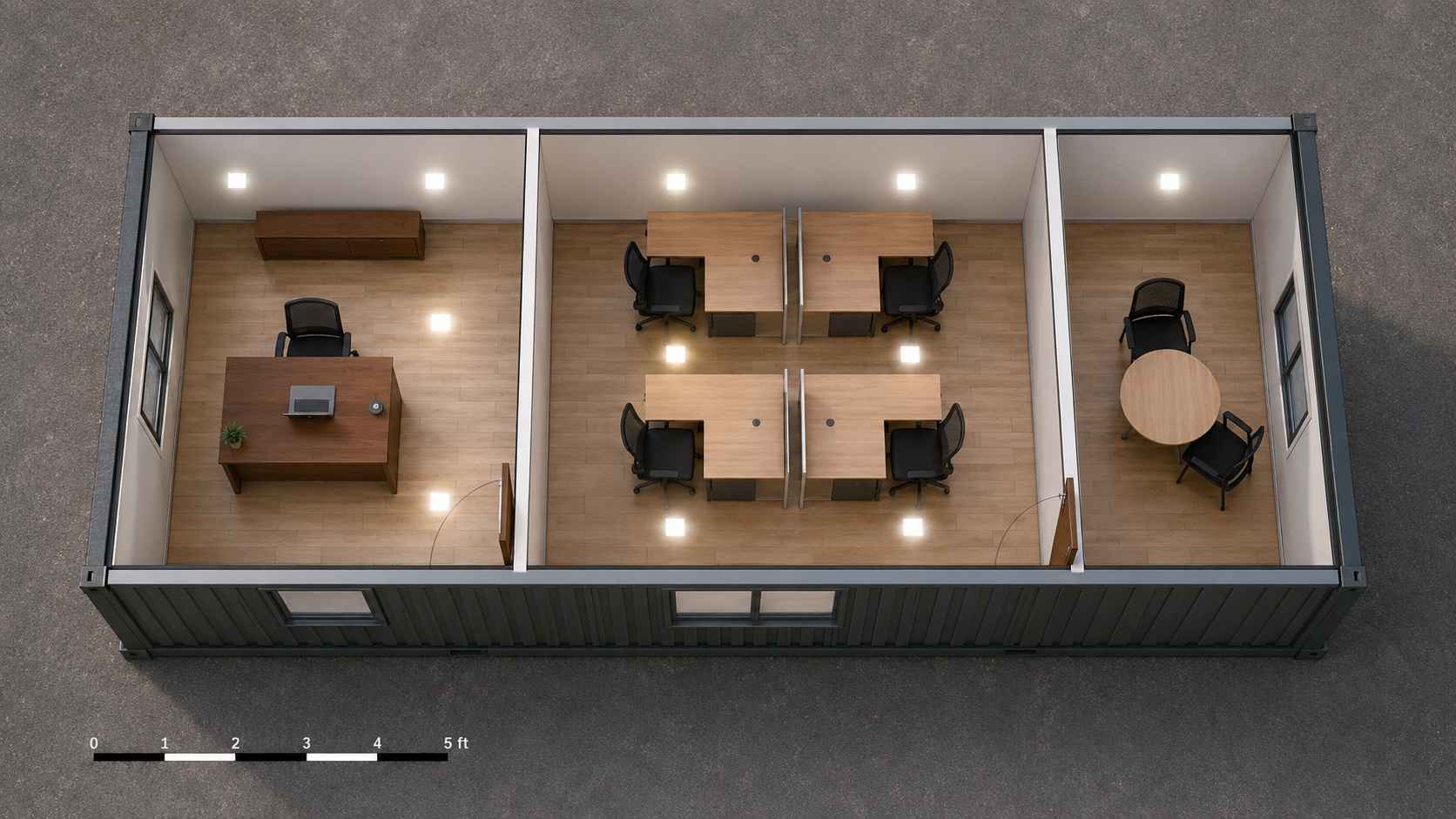 Overhead architectural view of Layout B showing manager cabin, four-desk work bay, and three-seat meeting corner inside one 19×11 ft modular portable office cabin.