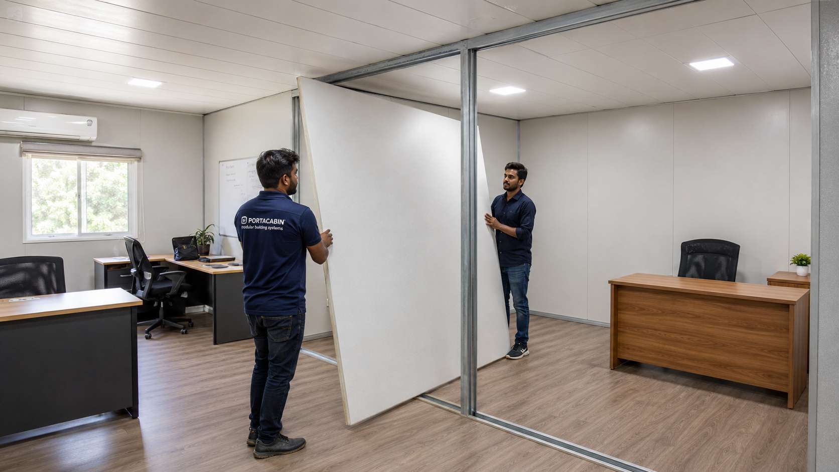 Two installers removing the 32mm PUF internal partition wall from a modular portable office cabin to convert Layout A to Layout C.