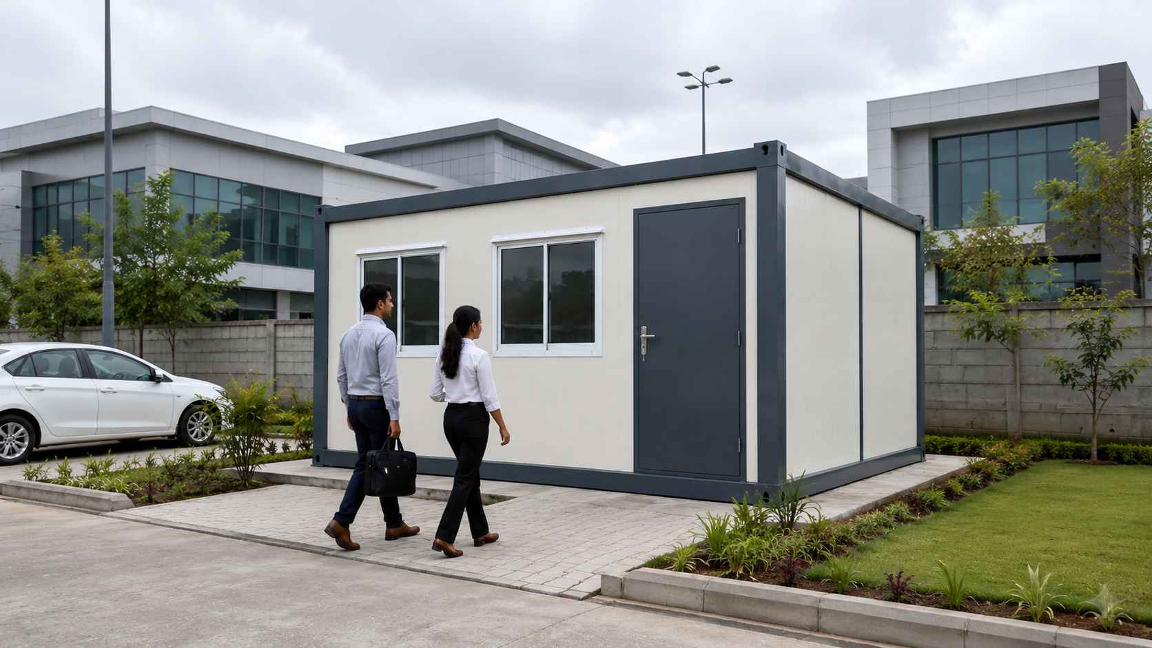 A modular portable office cabin installed in a small SME compound in Electronic City Bangalore with two professionals walking to the entrance.