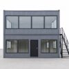 Steel grey modular portable office building front elevation showing ground and upper floor glass panels