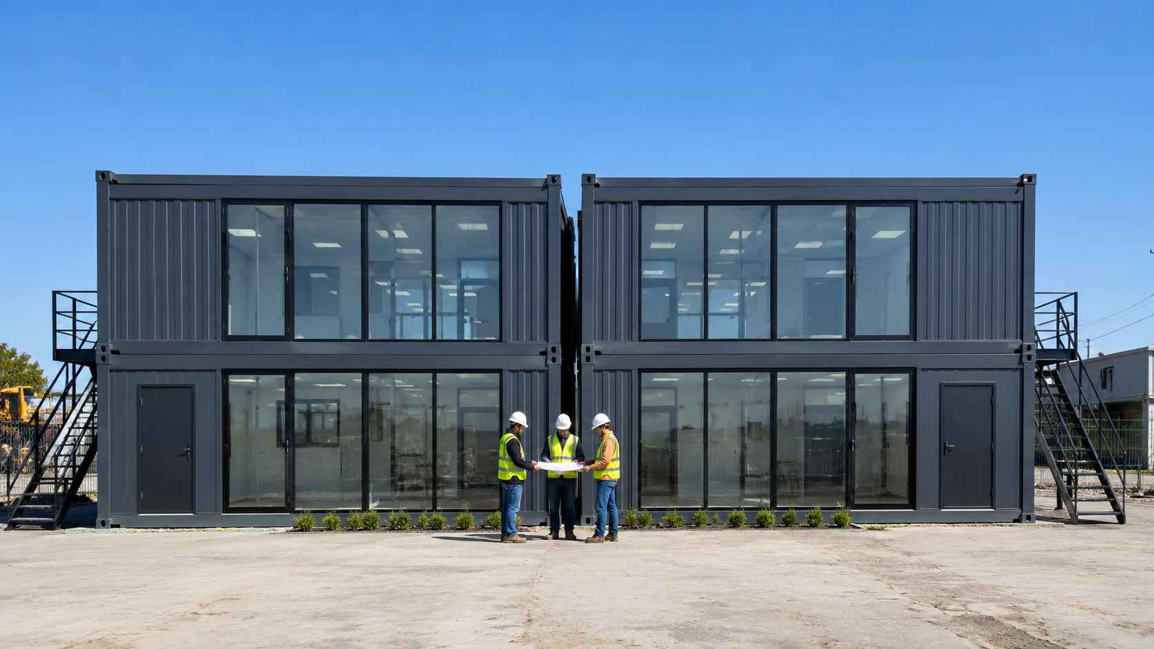Two slate charcoal modular portable office buildings placed side by side showing the module connection point