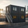 Four-unit 2×2 stacked container office complex at a port terminal admin compound, charcoal grey with orange corner cast accents.