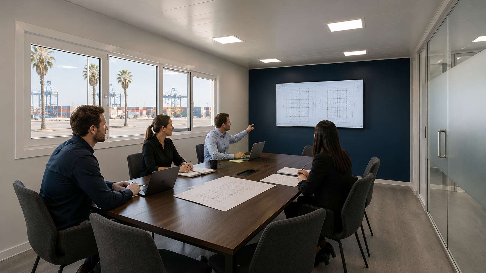 Conference room interior inside a stacked container office complex, with people in discussion and a port admin compound visible through the window.