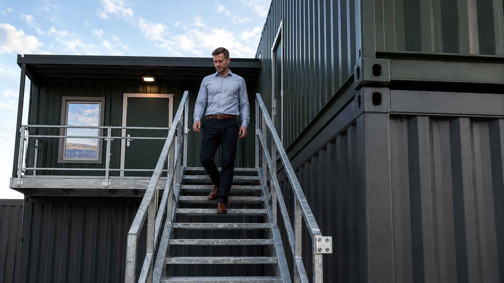 External galvanised MS staircase rising between the ground and upper levels of a stacked container office, with a person descending.