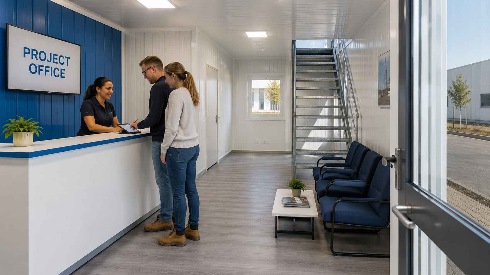 Reception area inside the ground floor of a stacked container office complex, with staff greeting visitors and the upper-level staircase visible.