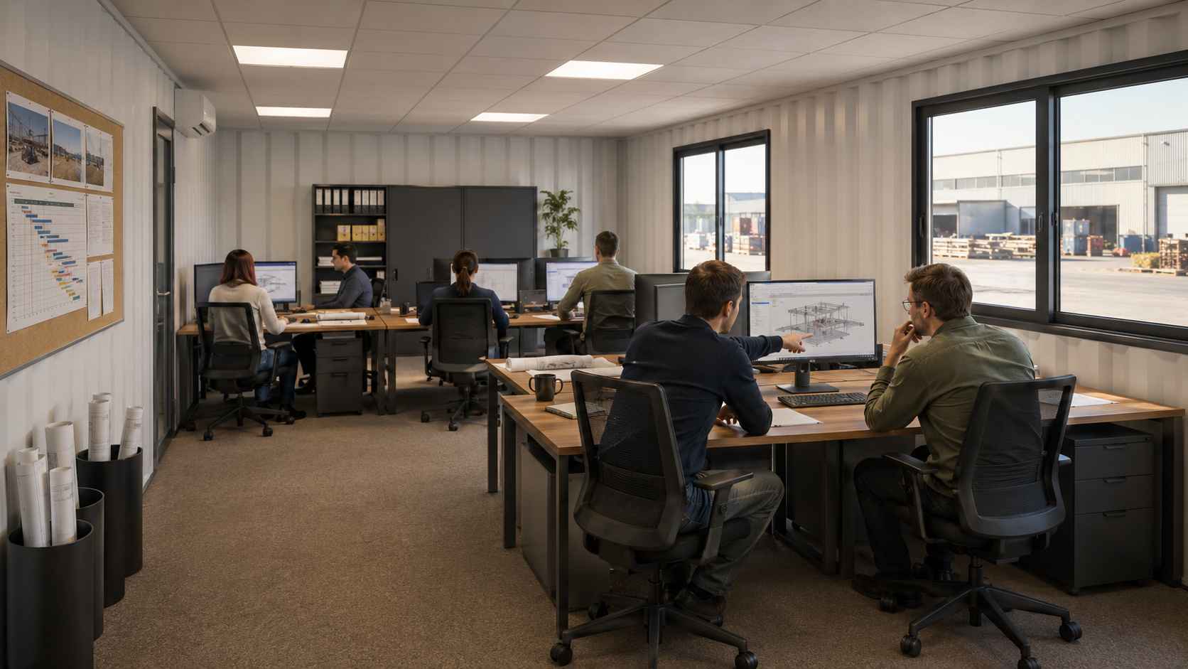  Engineers working at desk pods inside the open work area of a 4-unit stacked container office complex, with logistics campus visible through the windows.