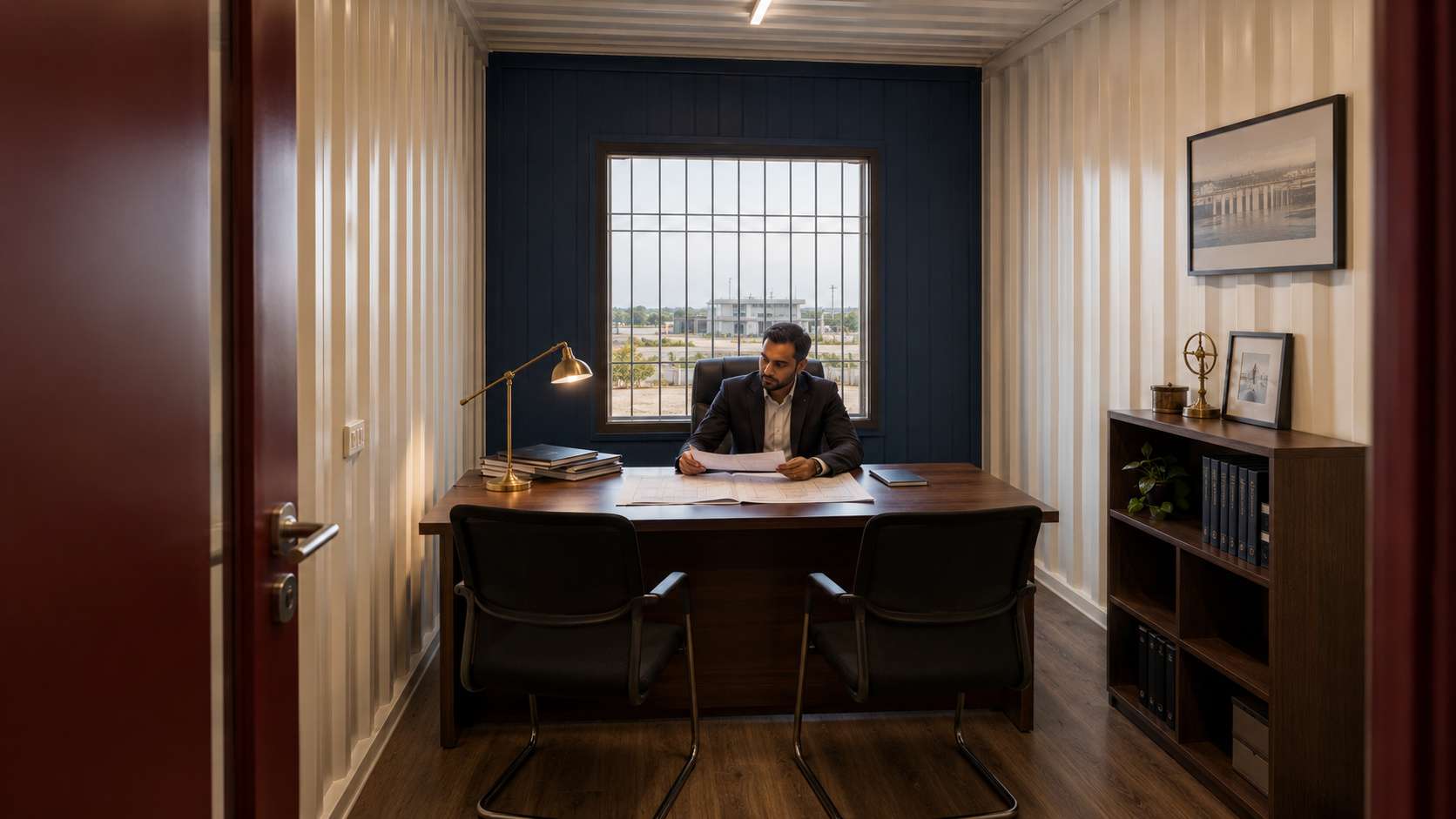 Upper-level executive office inside a stacked container office, with a director at the desk and a government project compound visible through the window.