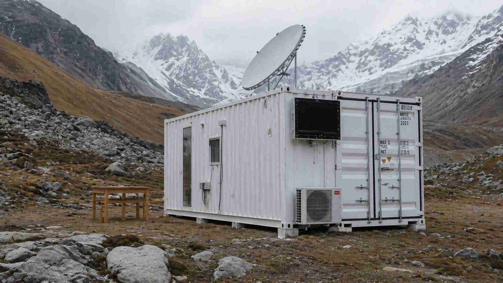 Portable cabin installed in remote mountainous project site