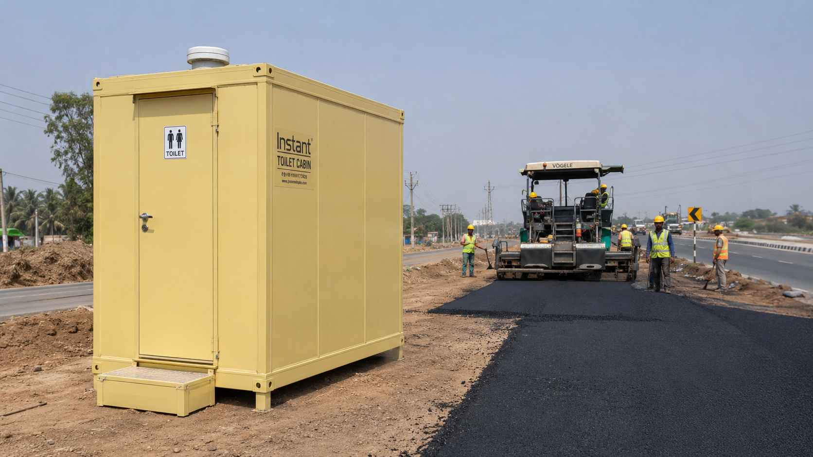 Yellow movable toilet cabin placed beside an active road construction work front