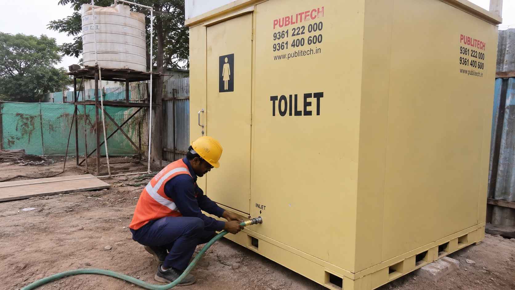 Worker reconnecting the water inlet of a movable toilet cabin at a new site spot