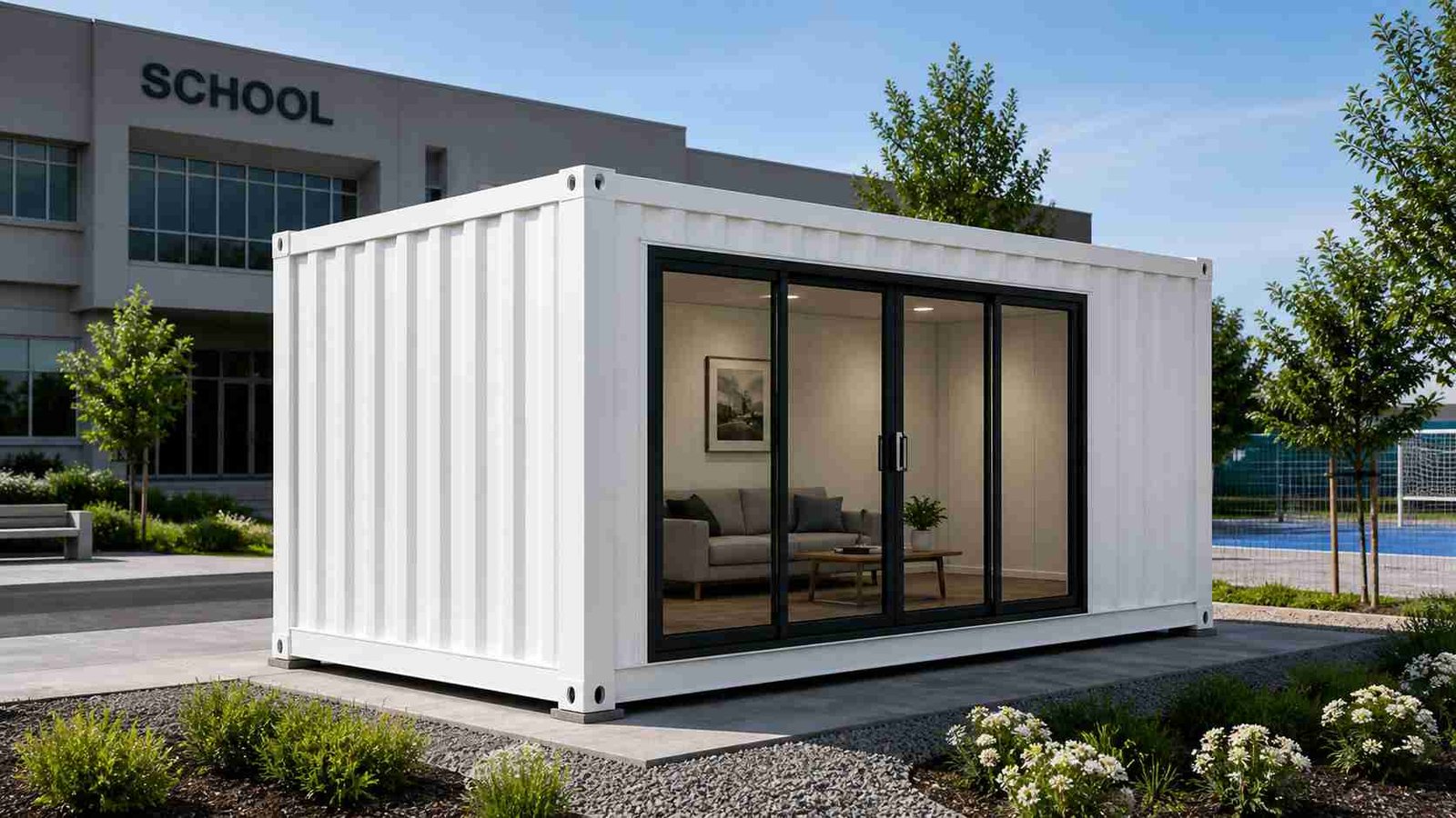 MS portable cabin beside a school building — mild steel structure for educational institutions, delivered in 7 to 21 working days across India