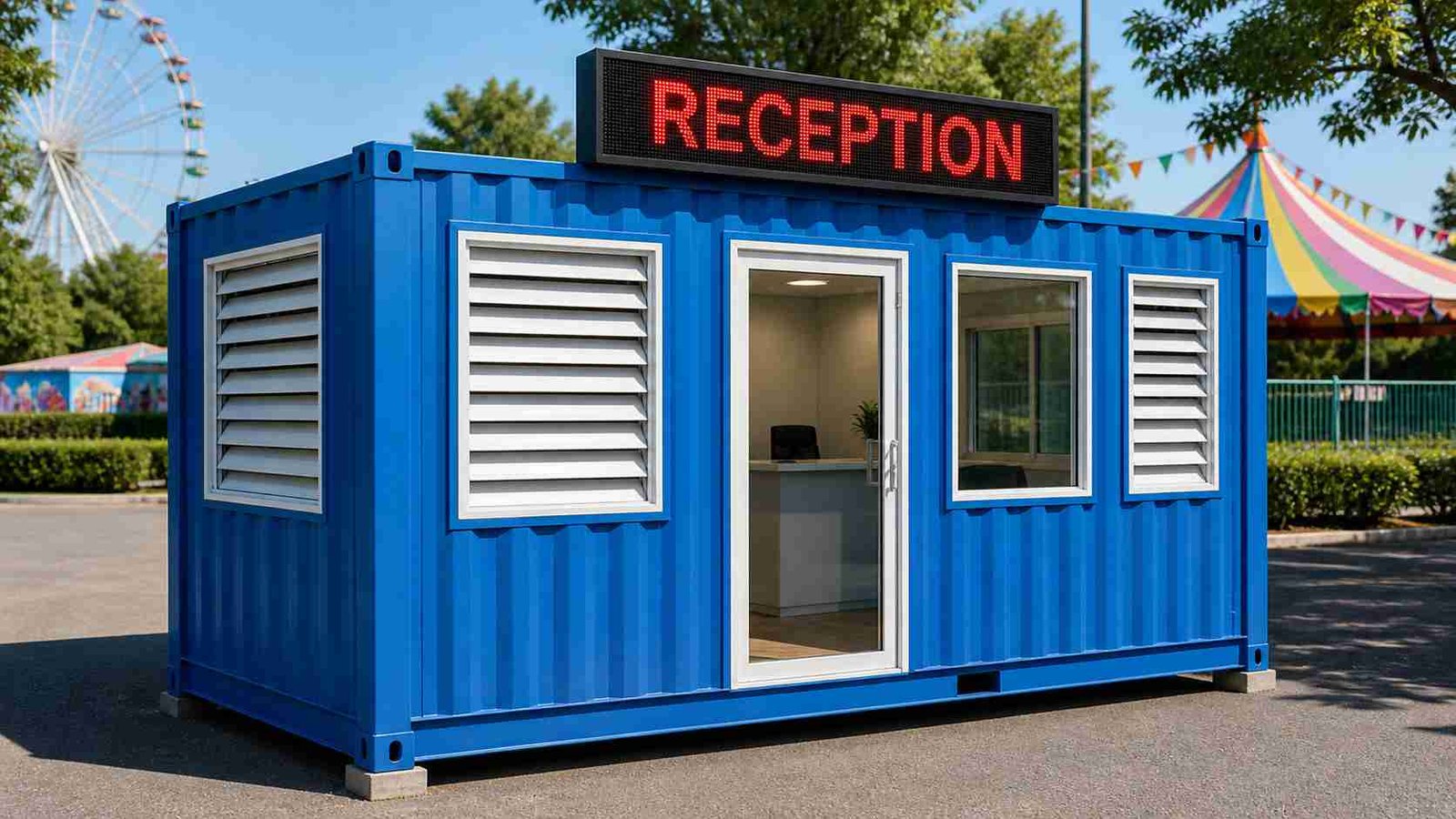 MS portable cabin used as a reception unit at an outdoor commercial event — relocatable mild steel cabin for retail and event applications India