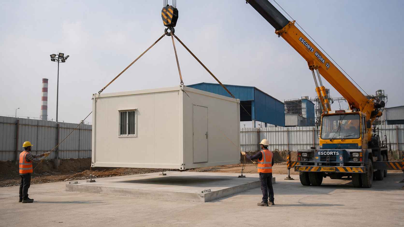 MS portable office cabin being placed by crane onto a concrete pad at an industrial site
