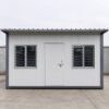 MS portable office cabin front elevation showing MS door, aluminium windows, and mild steel corner frame