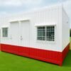 White and red MS Portable Cabin exterior with dual entry doors