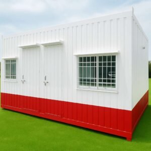 White and red MS Portable Cabin exterior with dual entry doors