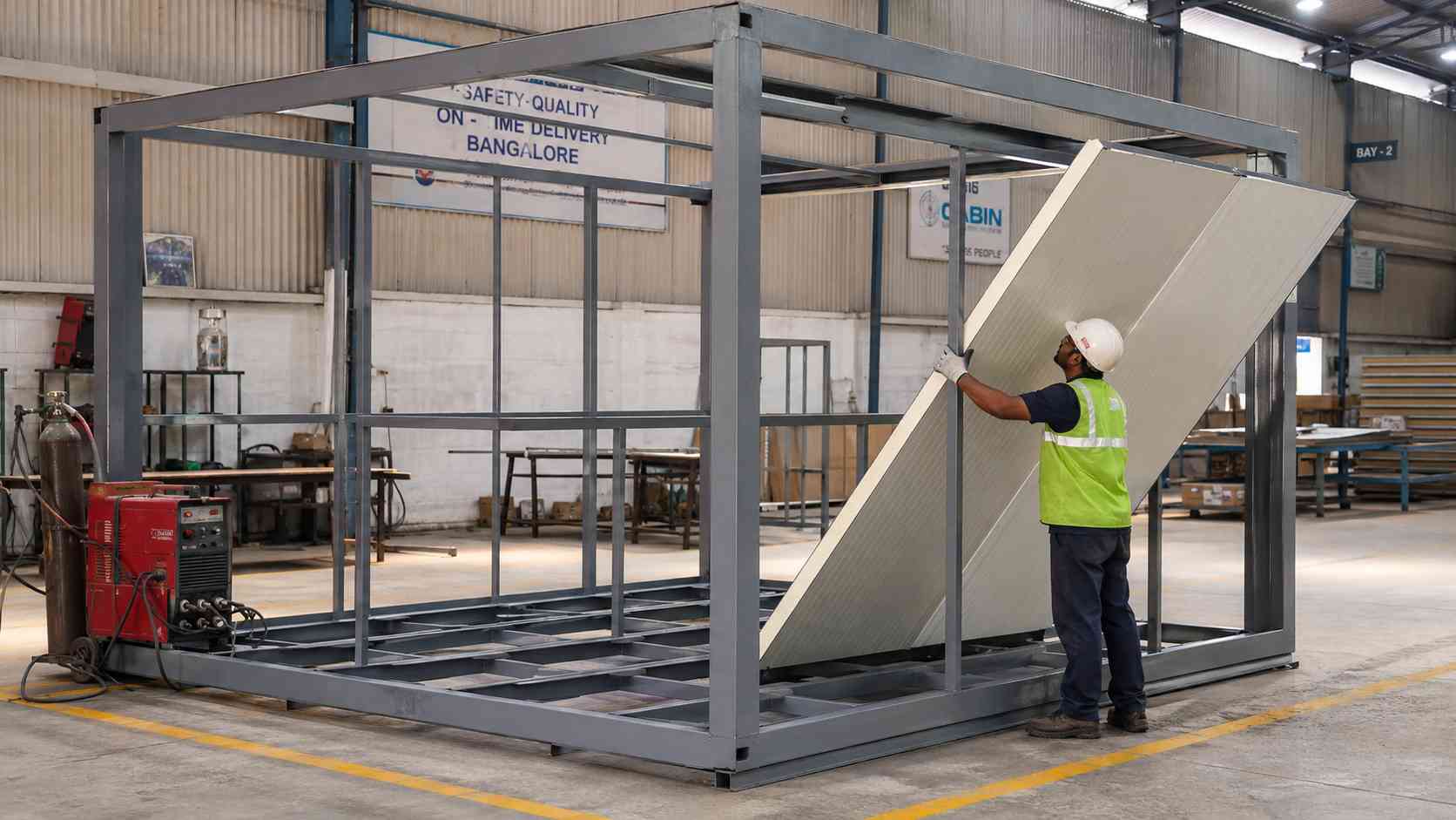 IS 2062 mild steel frame of an MS portable office cabin during factory fabrication in Bangalore