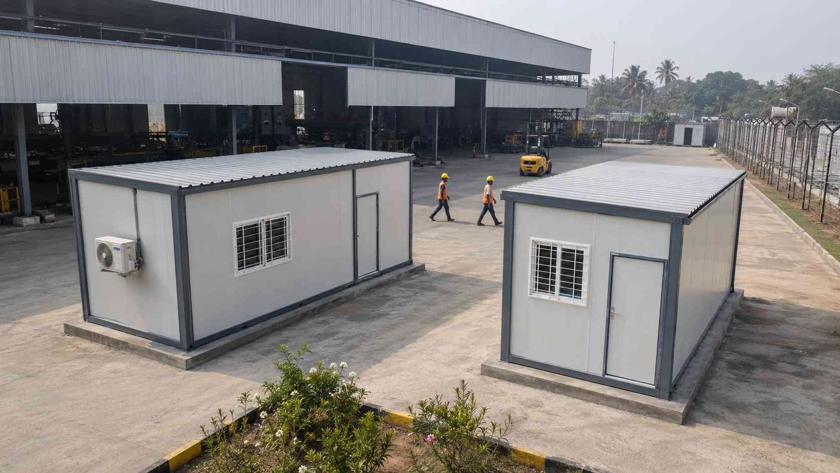 Two MS portable office cabins installed inside a manufacturing compound in South India