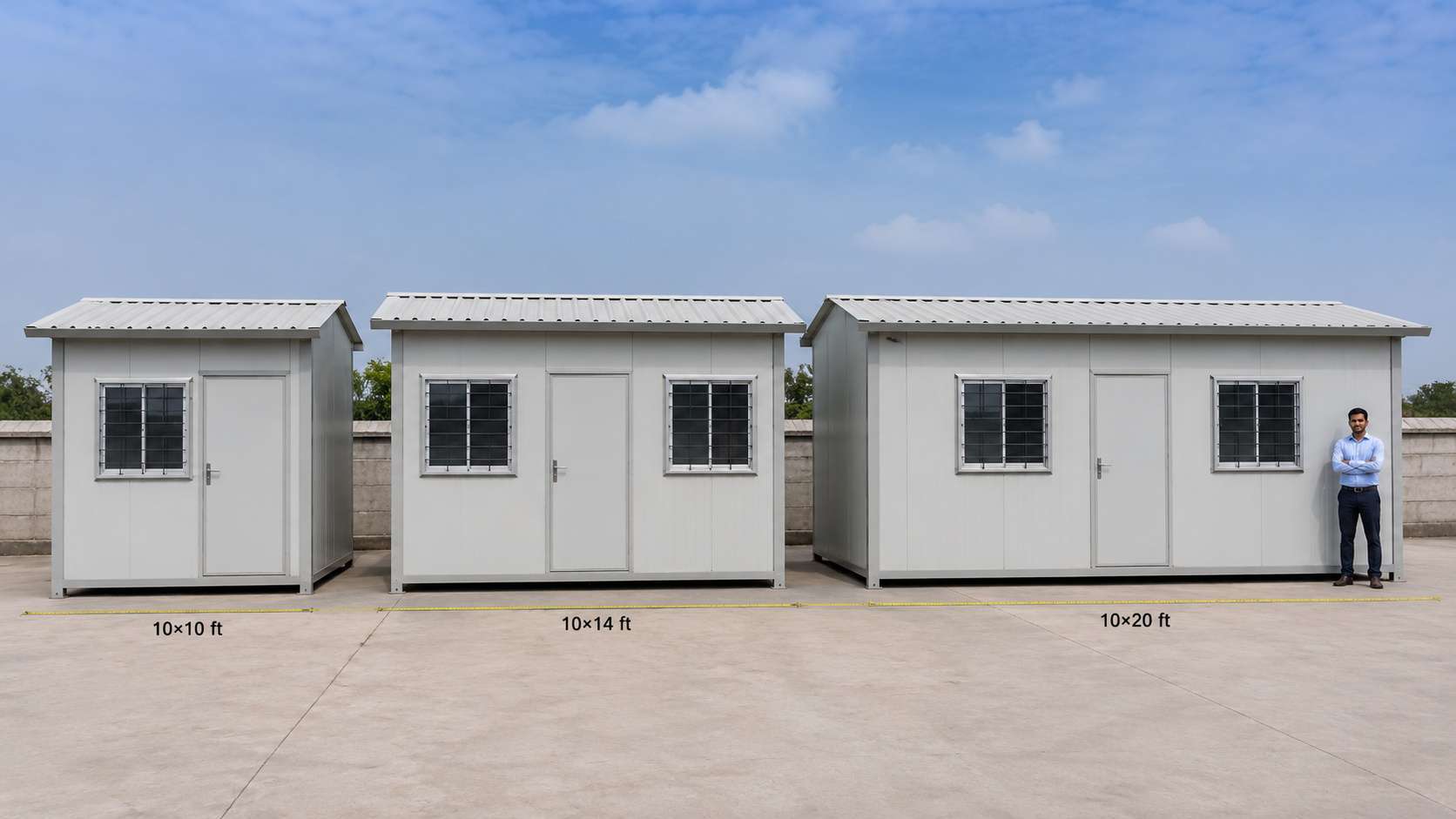 Three MS portable office cabins in different sizes — 10×10 ft, 10×14 ft, and 10×20 ft — on a concrete yard
