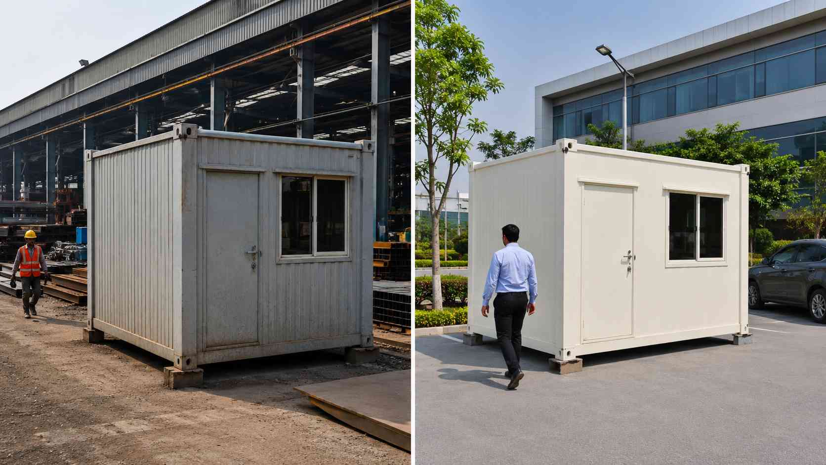 MS portable office cabin in industrial deployment versus standard portable office cabin at commercial tech park