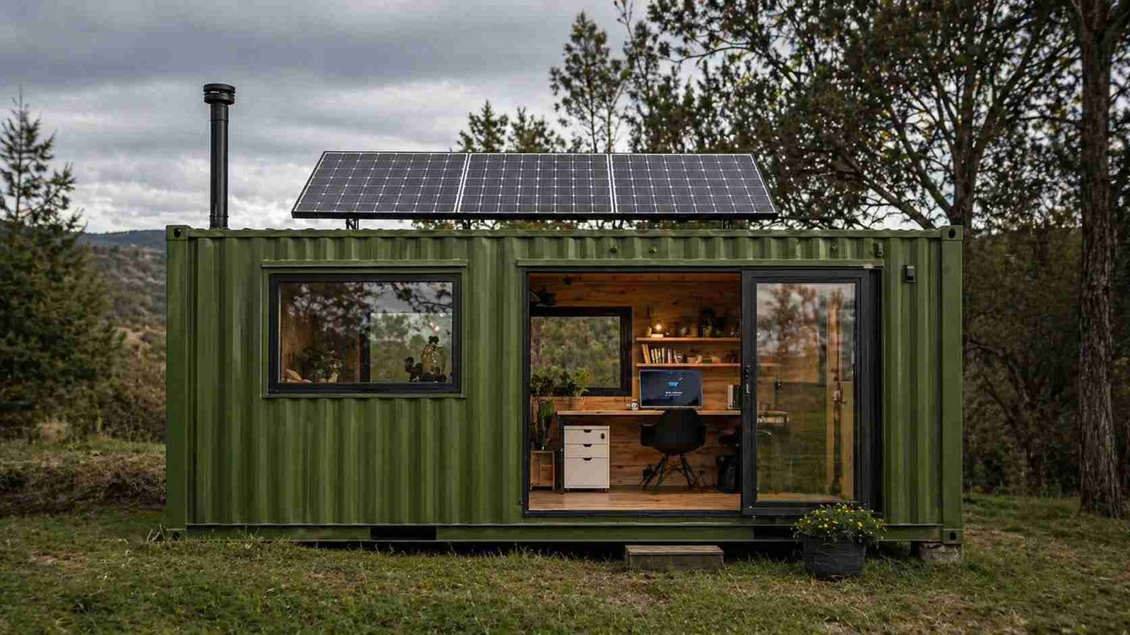 pre-galvanised steel porta cabin remote site solar panel olive green cladding