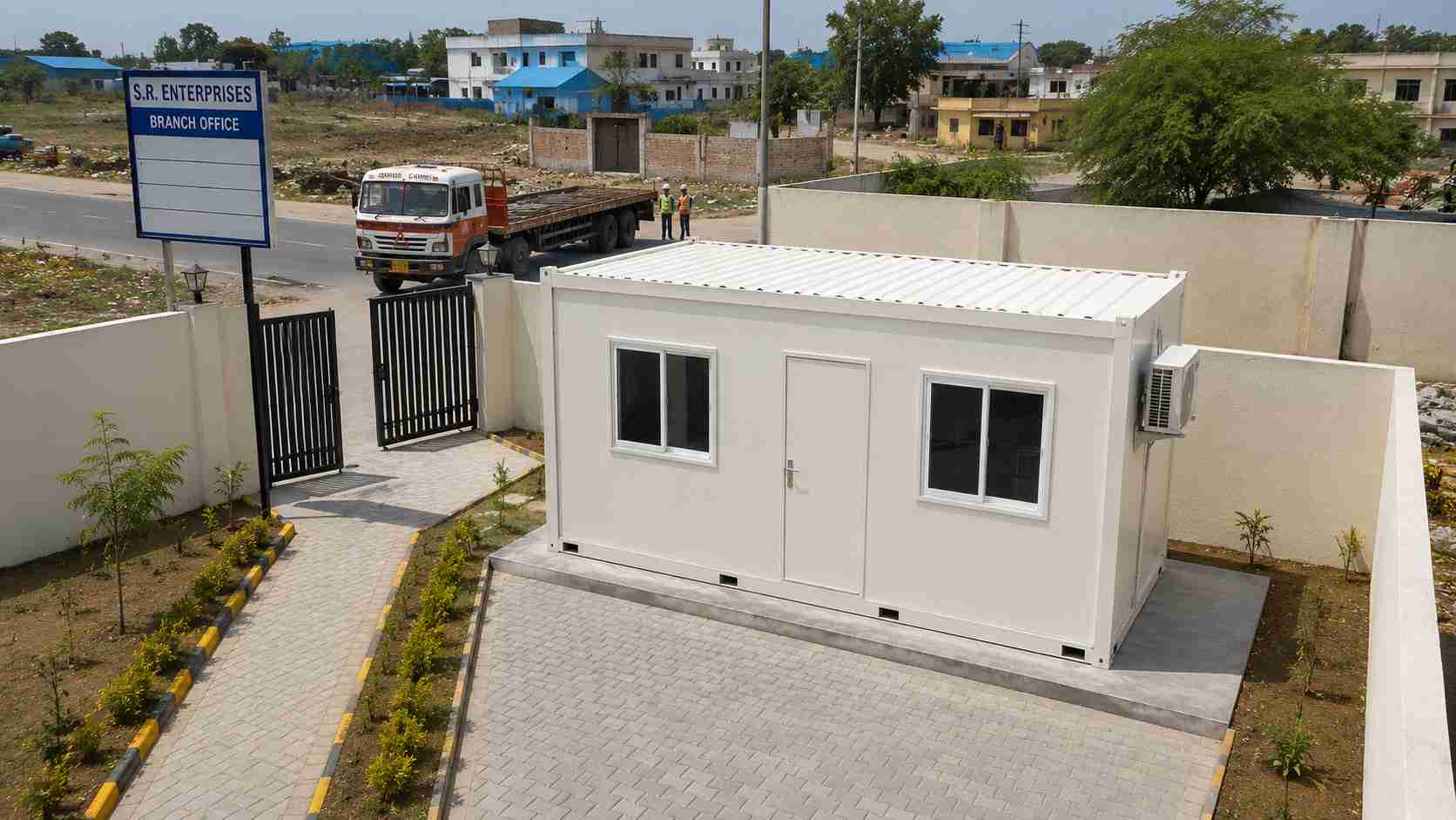 White office cabin newly delivered to an Indian branch-office plot, flatbed truck at compound gate, fresh concrete pad.