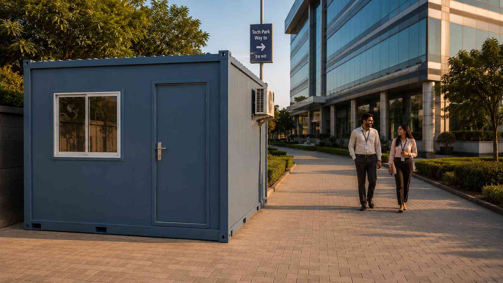 Steel Blue office cabin at the edge of an Indian tech park, two professionals walking past, multi-storey building behind.