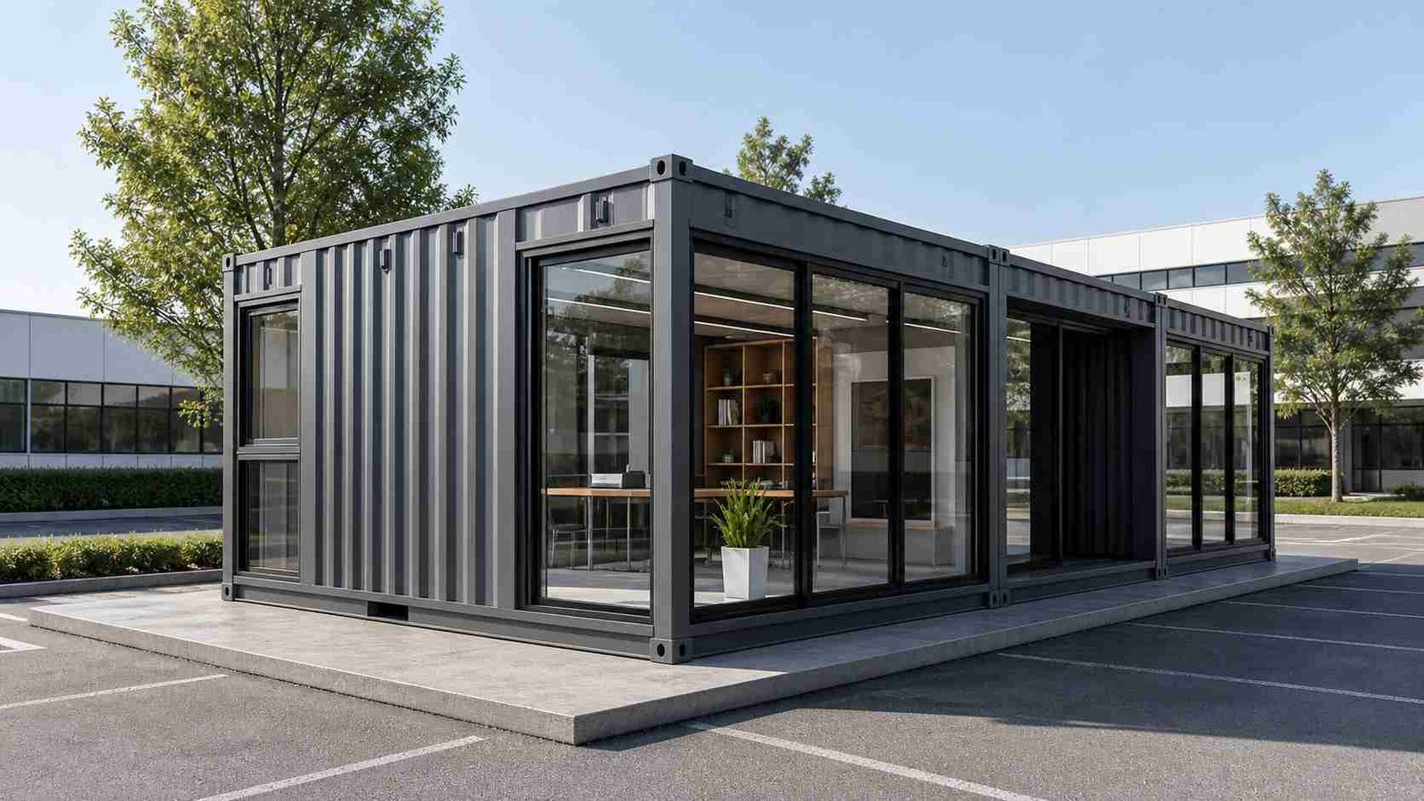 Office portable cabin 22x12 ft — open plan workspace with glass walls and natural light