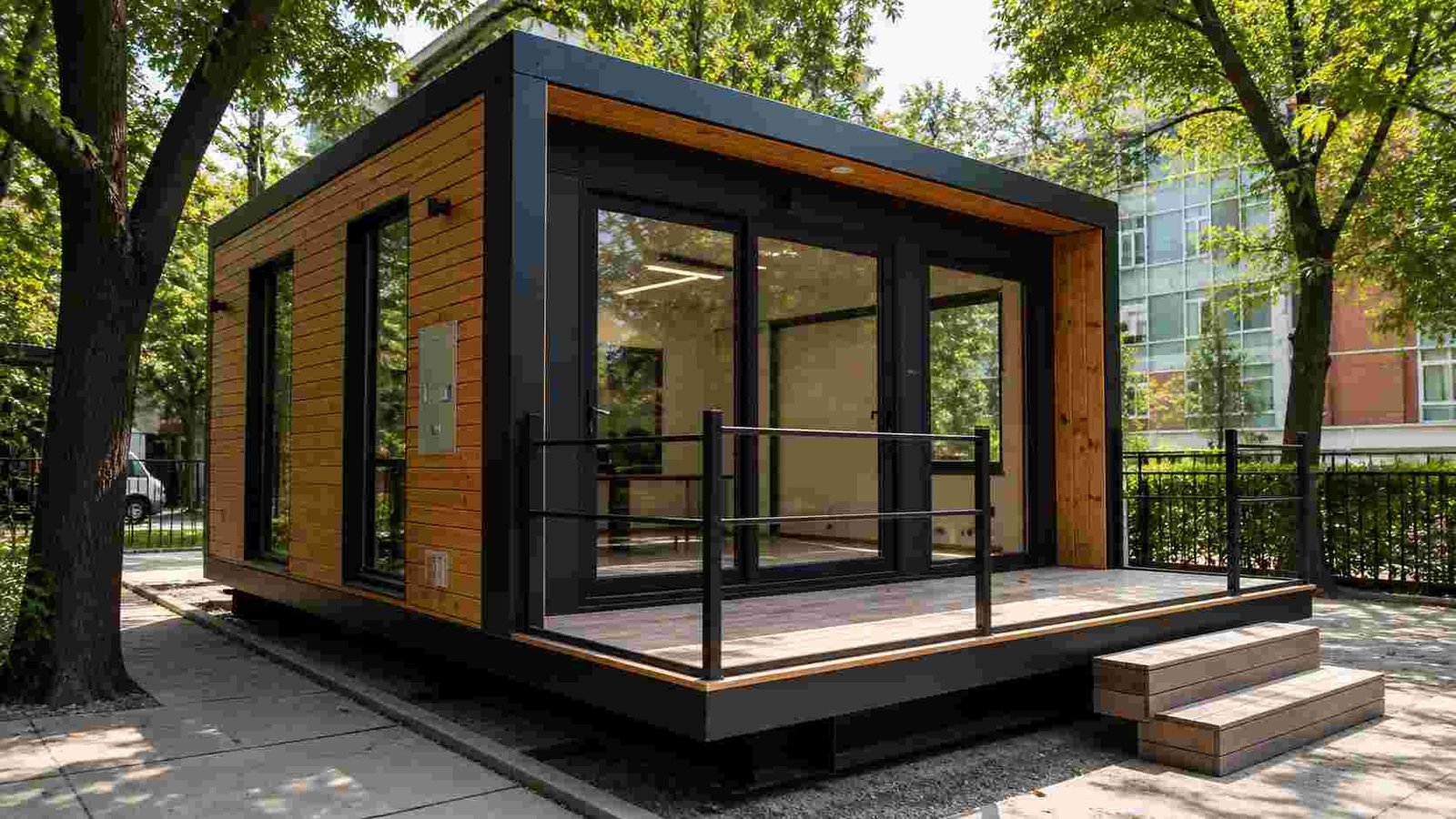 Office portable cabin with lockable door and large windows in a leafy outdoor setting