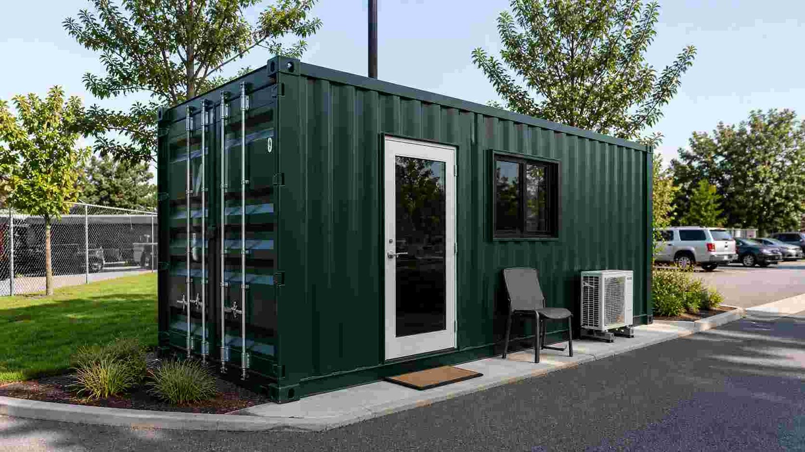 Office portable cabin with lockable door, side window, and AC unit — SAMAN 22x12x9 ft