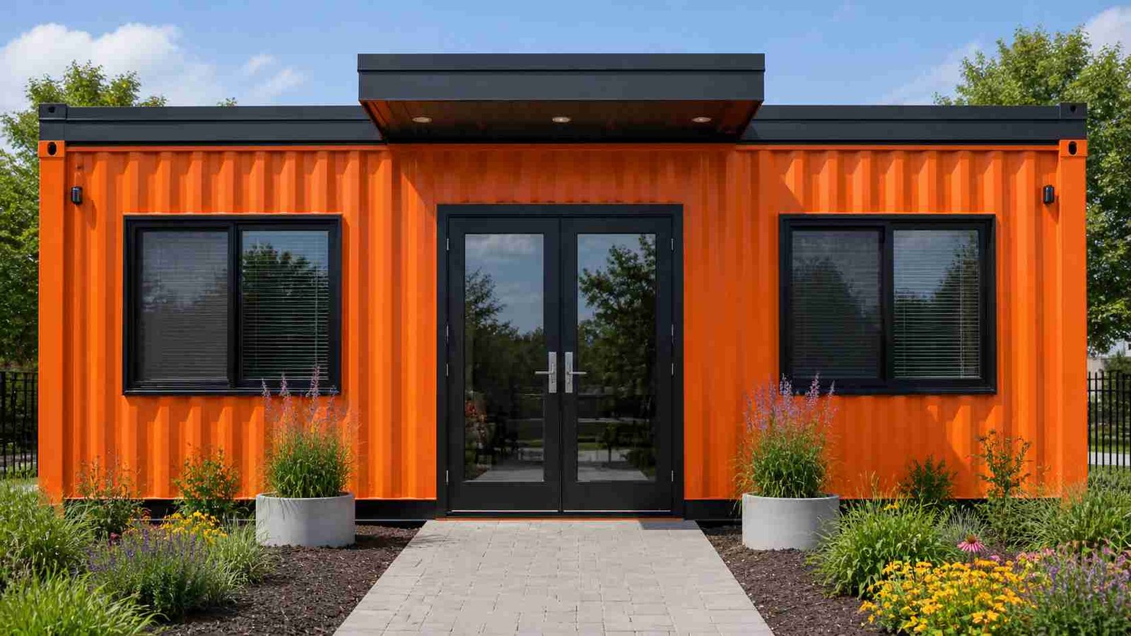Orange portable cabin building with glass double doors and landscaped path — 2-room admin block configuration