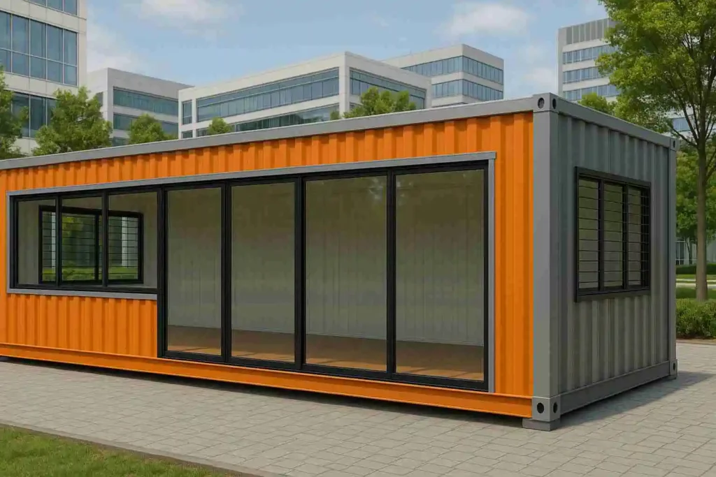 Orange and grey long modular office unit with sliding glass doors.