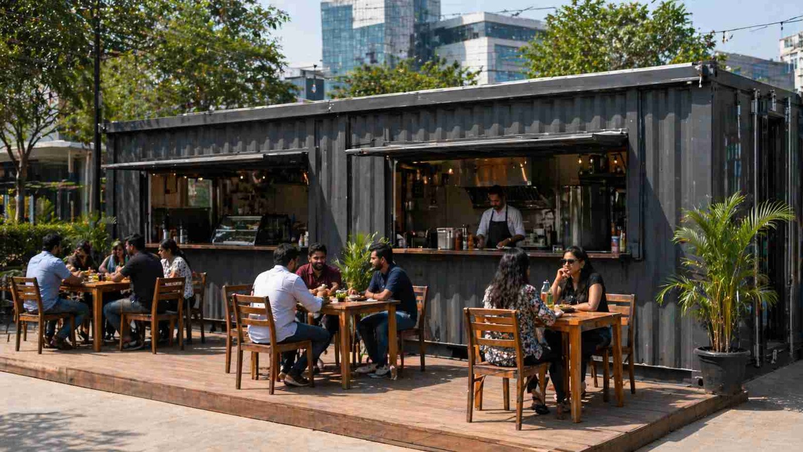 container cafe two unit modular restaurant Delhi NCR food park seating