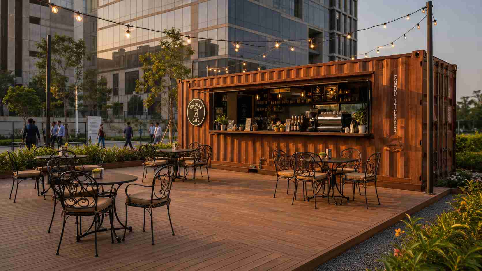 Outdoor container cafe seating with a wooden deck around a SAMAN 20-ft shipping container in an Indian business-park courtyard