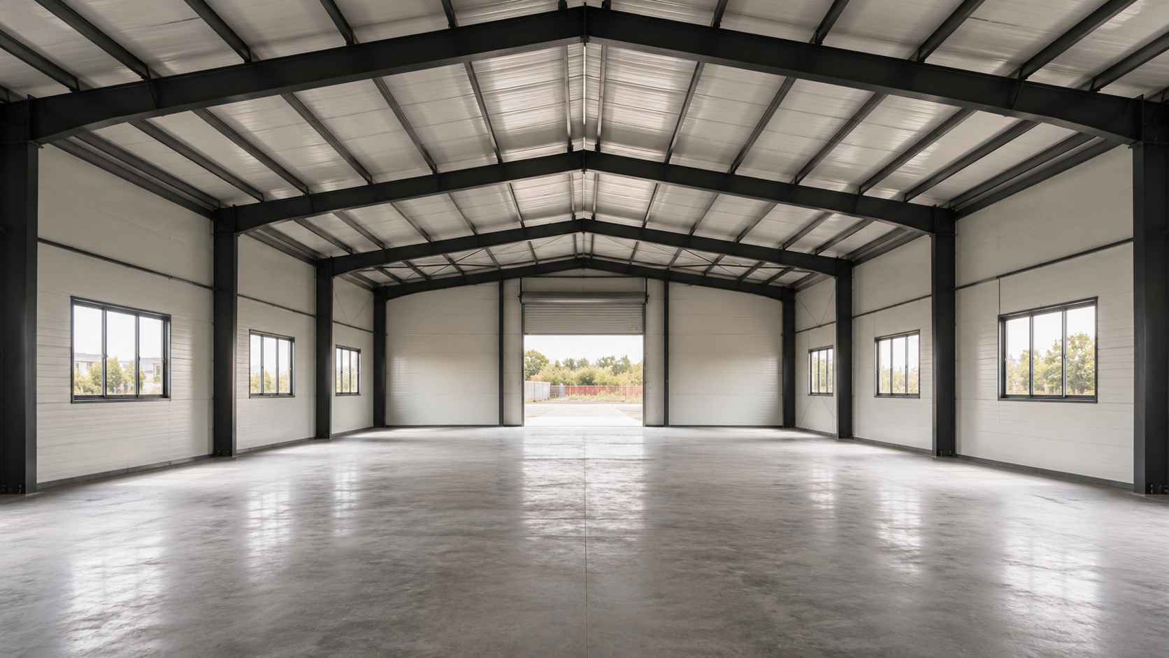 Interior of a PEB steel building showing a 30 ft column-free clear span with exposed charcoal frames