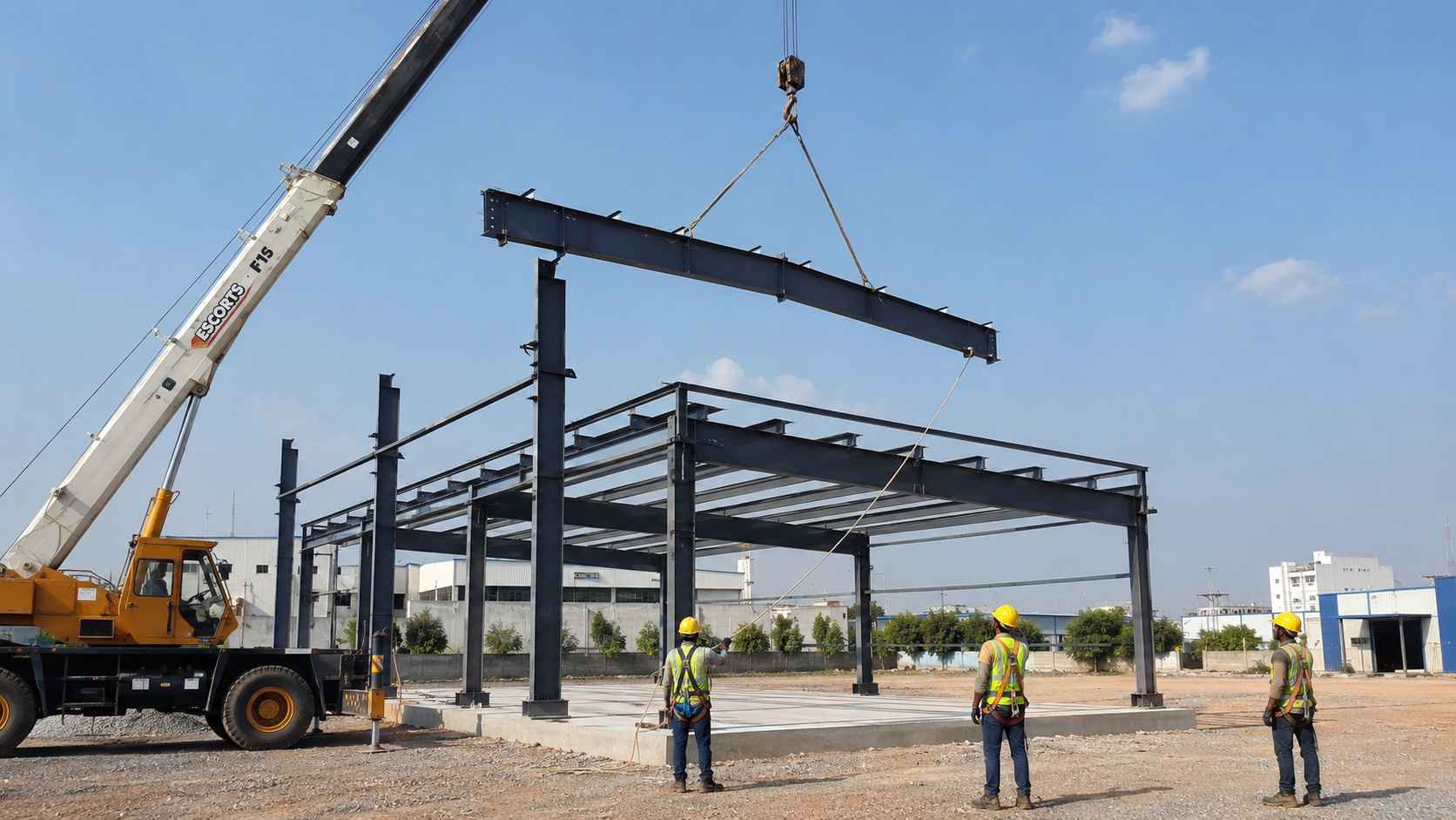Crane lifting a steel rafter as a PEB building frame is erected by SAMAN's crew on an Indian site