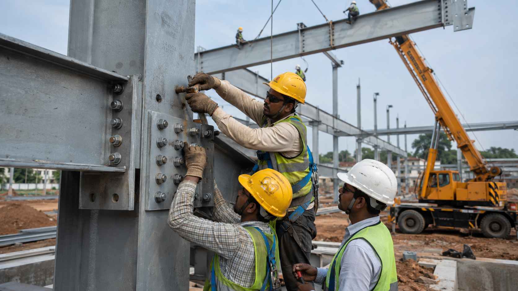 Erection crew bolting a grey steel frame connection with a mobile crane lifting a rafter behind.