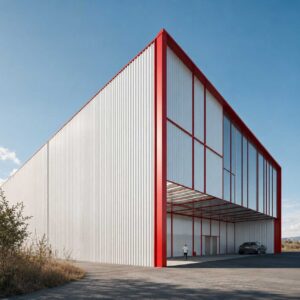 PEB steel structure with white cladding and red steel portal frames at the open clear-span front.