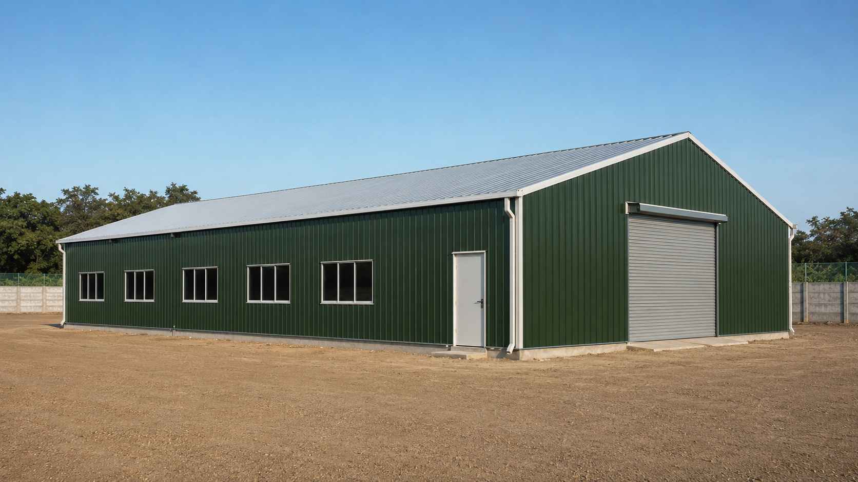 Finished forest-green pre-engineered building supplied and erected and handed over on an Indian site