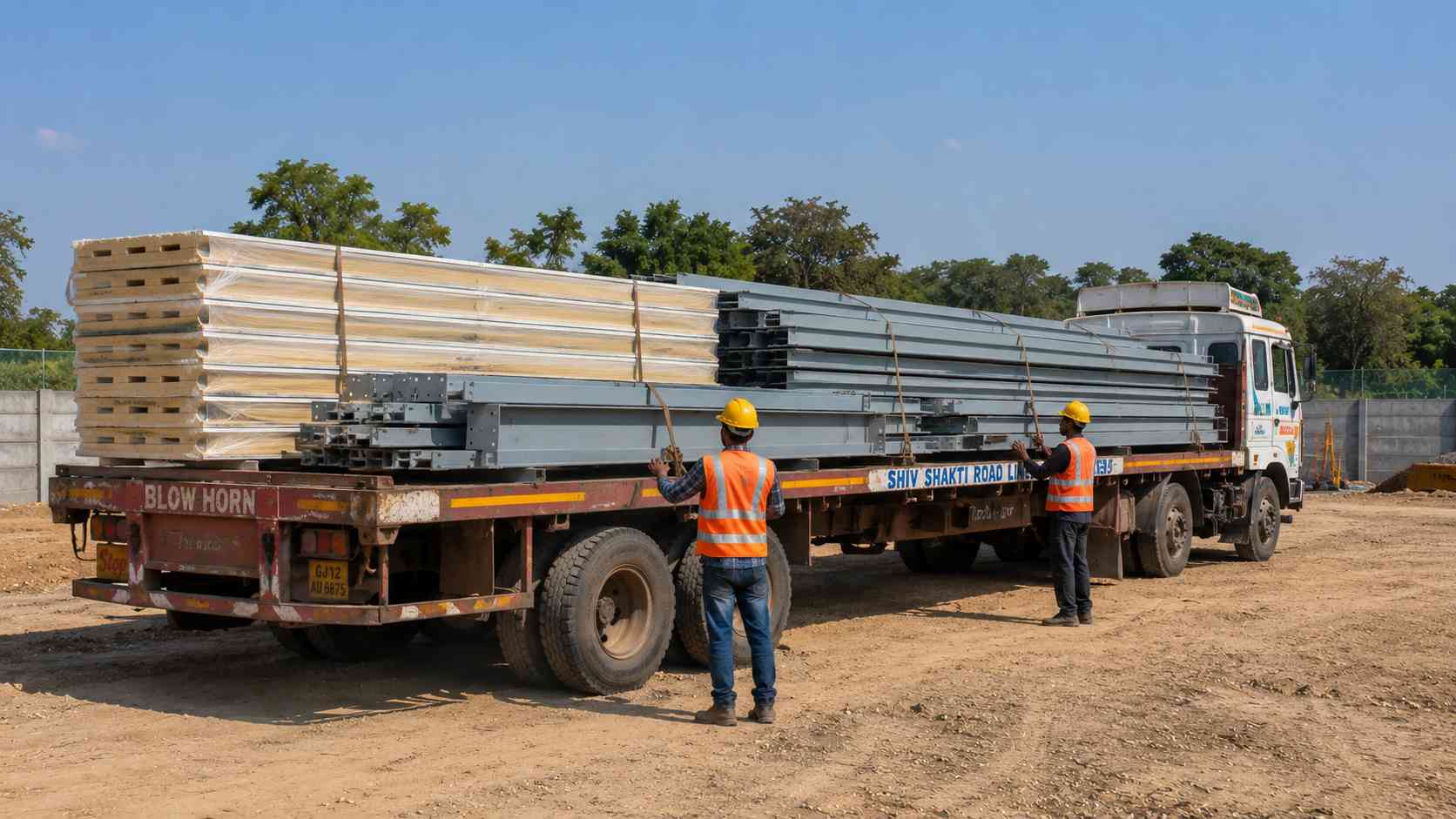 Flatbed truck delivering pre-engineered building components and wall panels to an Indian site