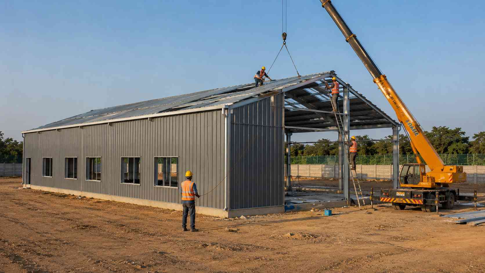 SAMAN crew erecting a steel-grey pre-engineered building near completion on an Indian site