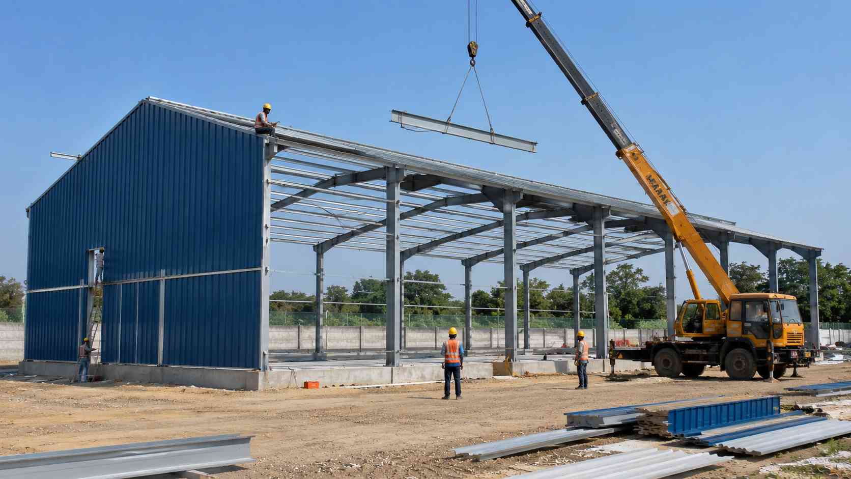 Erection crew bolting the steel frame of a steel-blue pre-engineered building on an Indian site